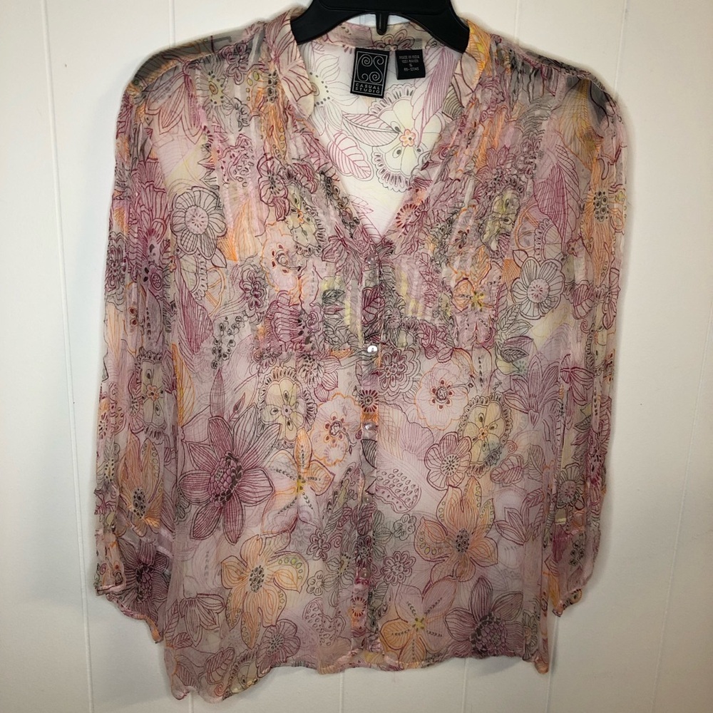 NIC+ZOE Sheer Pink Floral Button-Front Blouse